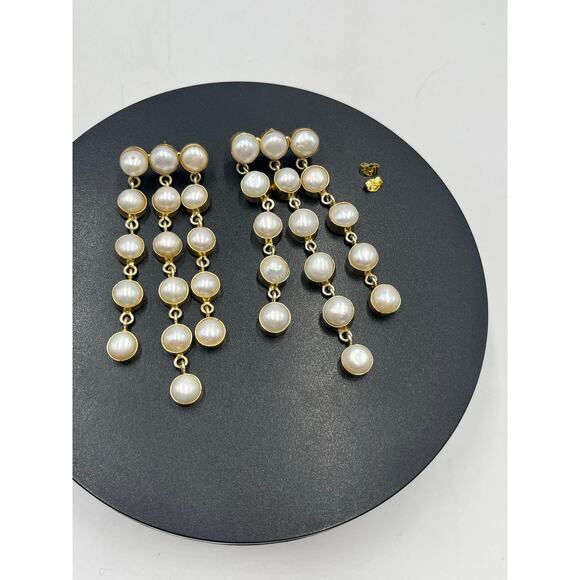 SHASHI Naya White Pearl Designer Dangle Three Triple Row Drop Earrings - Picture 9 of 14